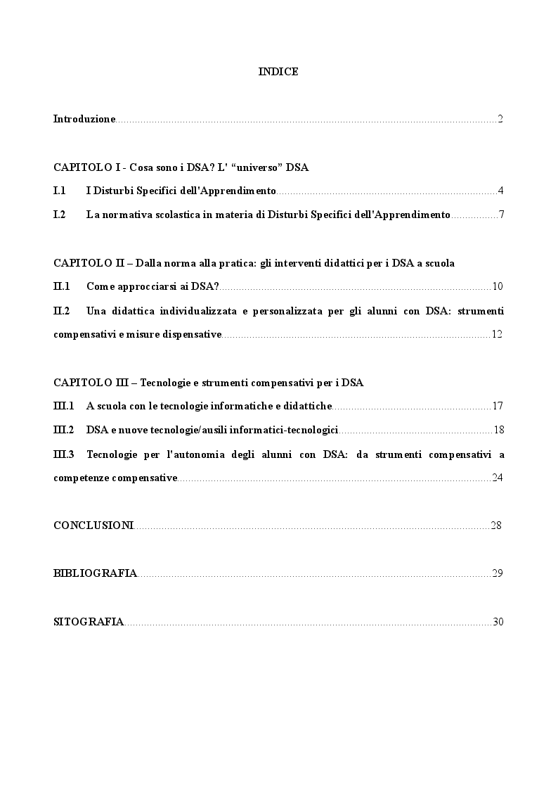 Indice della tesi: Tecnologie didattiche e competenze compensative per gli alunni DSA, Pagina 1