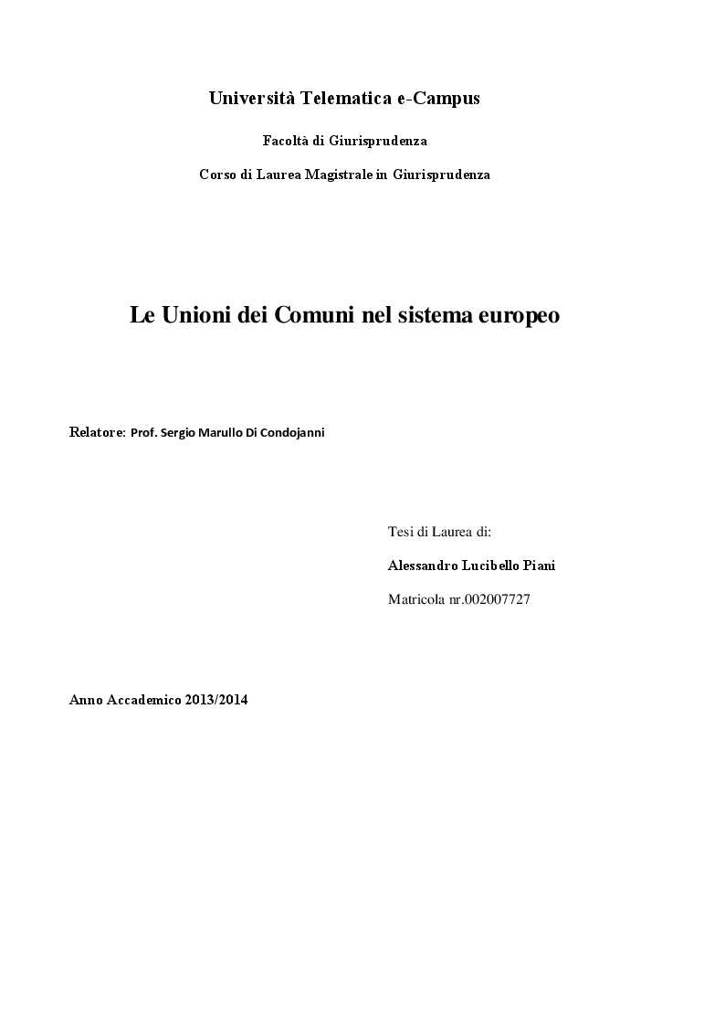 Anteprima della tesi: Le Unioni dei Comuni nel sistema Europeo, Pagina 1