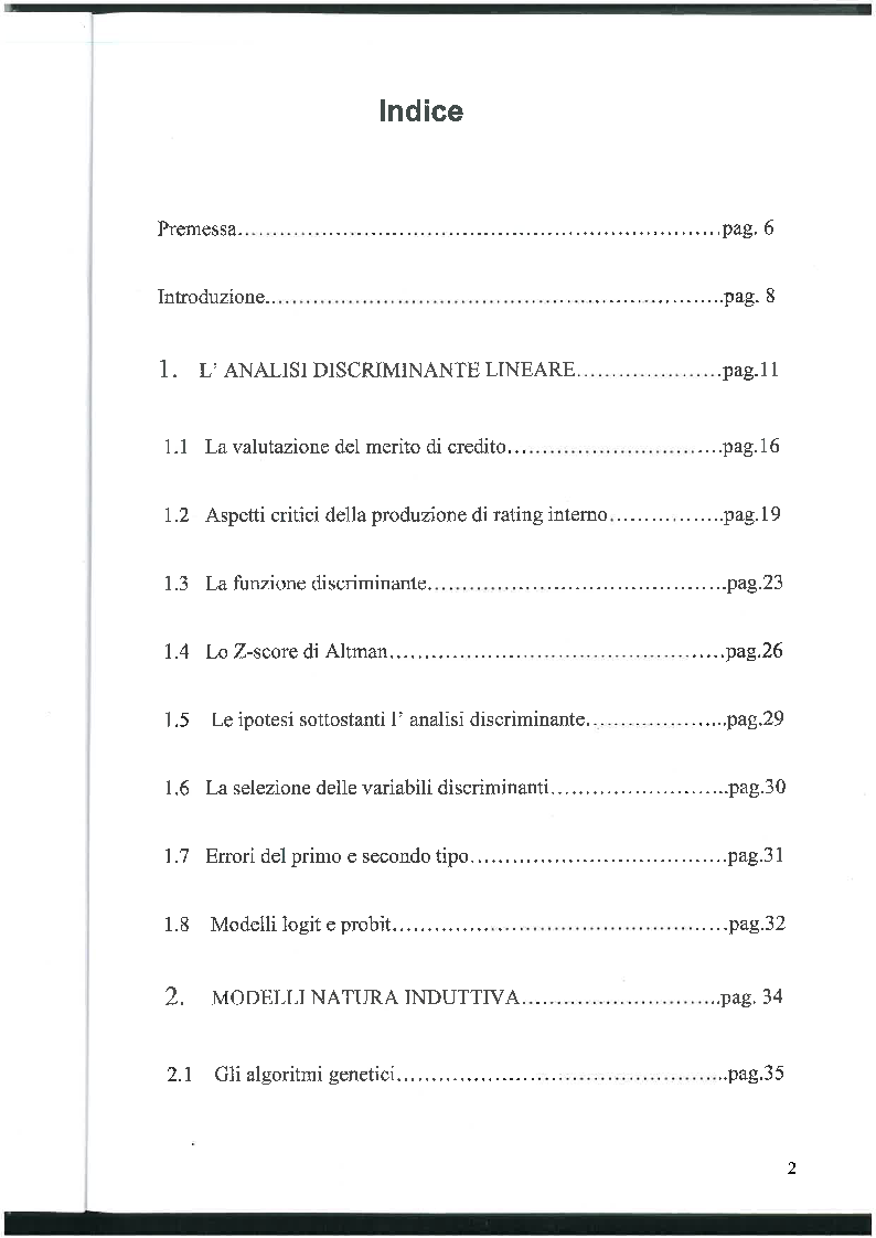 Indice della tesi: Lo scoring del credito, Pagina 1