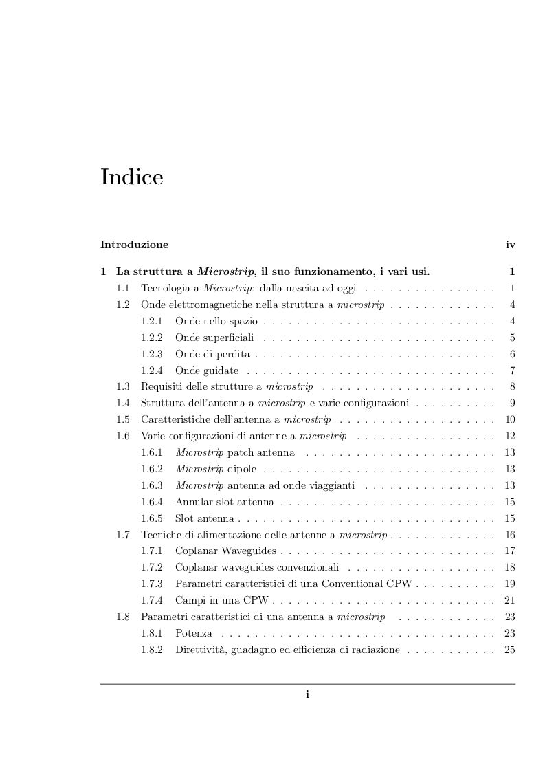 Indice della tesi: Antenne planari a slot per applicazioni UWB con filtro elimina banda, Pagina 1