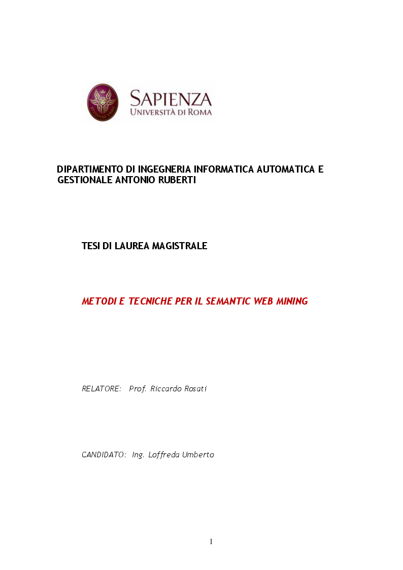 Anteprima della tesi: Metodi e Tecniche per il Semantic Web Mining, Pagina 1