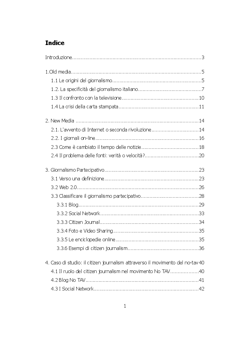 Indice della tesi: Informazione dal basso e citizen journalism. Il caso No-Tav, Pagina 1