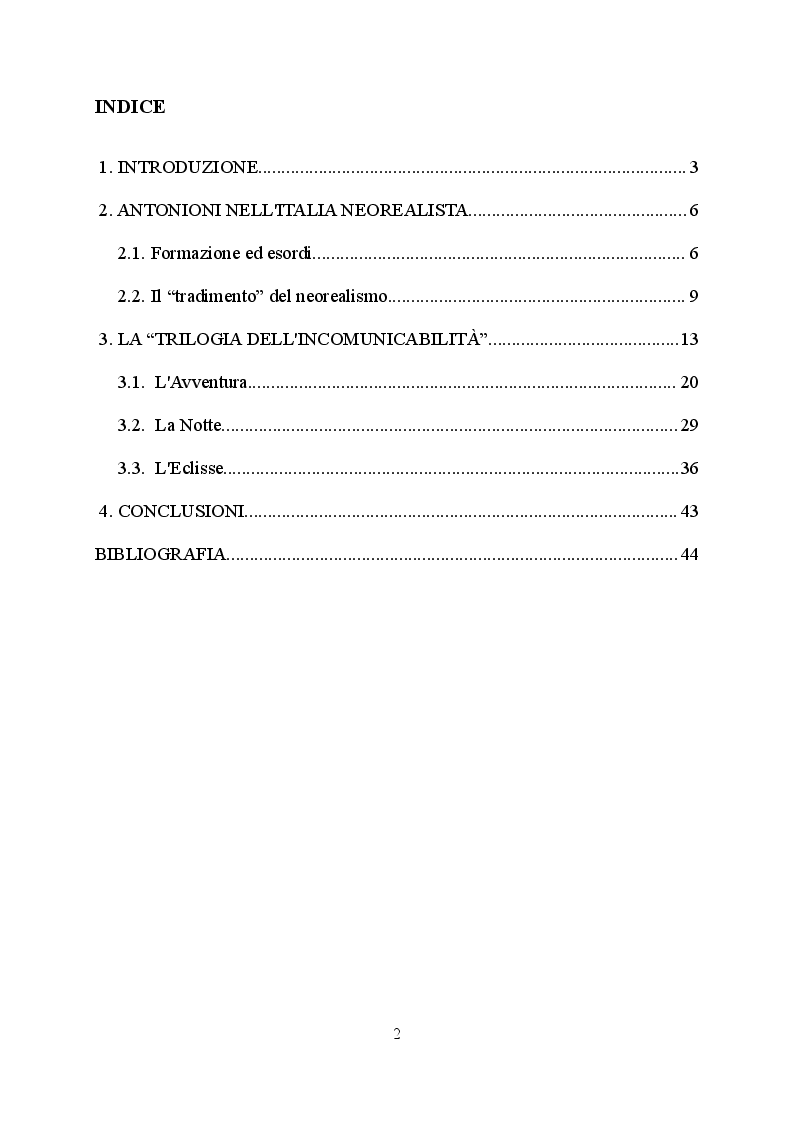 Indice della tesi: La ricezione critica della "Trilogia dell'incomunicabilità" di Michelangelo Antonioni, Pagina 1