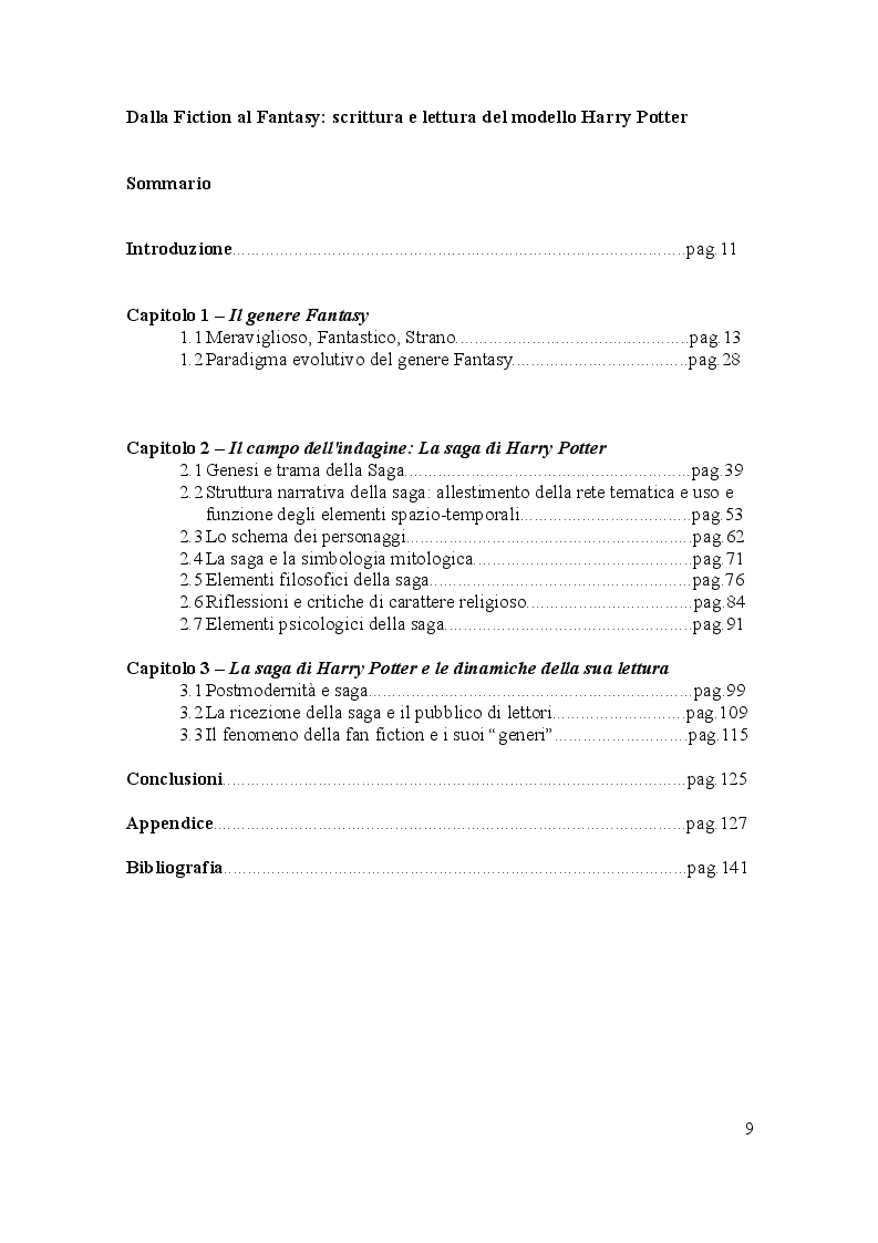 Indice della tesi: Dalla fiction al fantasy: scrittura e lettura del modello Harry Potter, Pagina 1