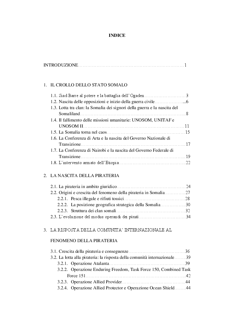 Indice della tesi: La pirateria nel golfo di Aden e la risposta della Comunità Internazionale, Pagina 1