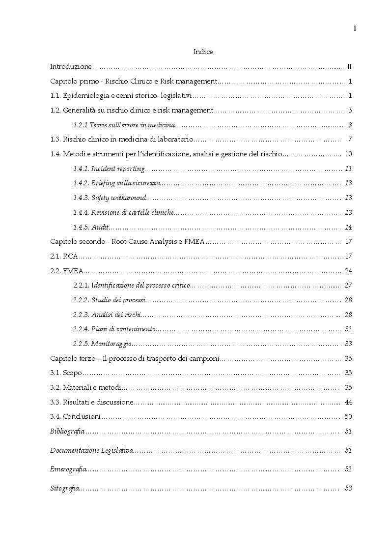 Indice della tesi: Il rischio Clinico nella preanalitica di laboratorio; progetto di studio riguardante potenziali criticità durante il trasporto dei campioni dai distretti alla sede centrale, Pagina 1