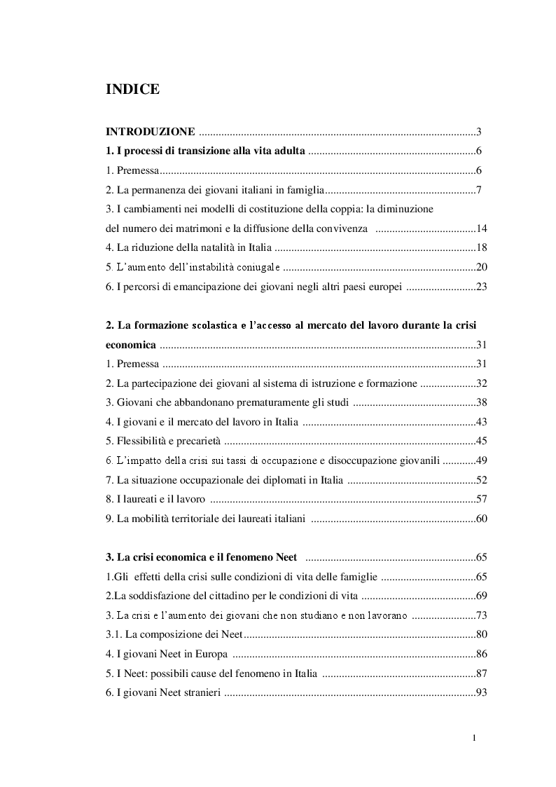 Indice della tesi: Senza lavoro e senza studio: i giovani Neet, Pagina 1