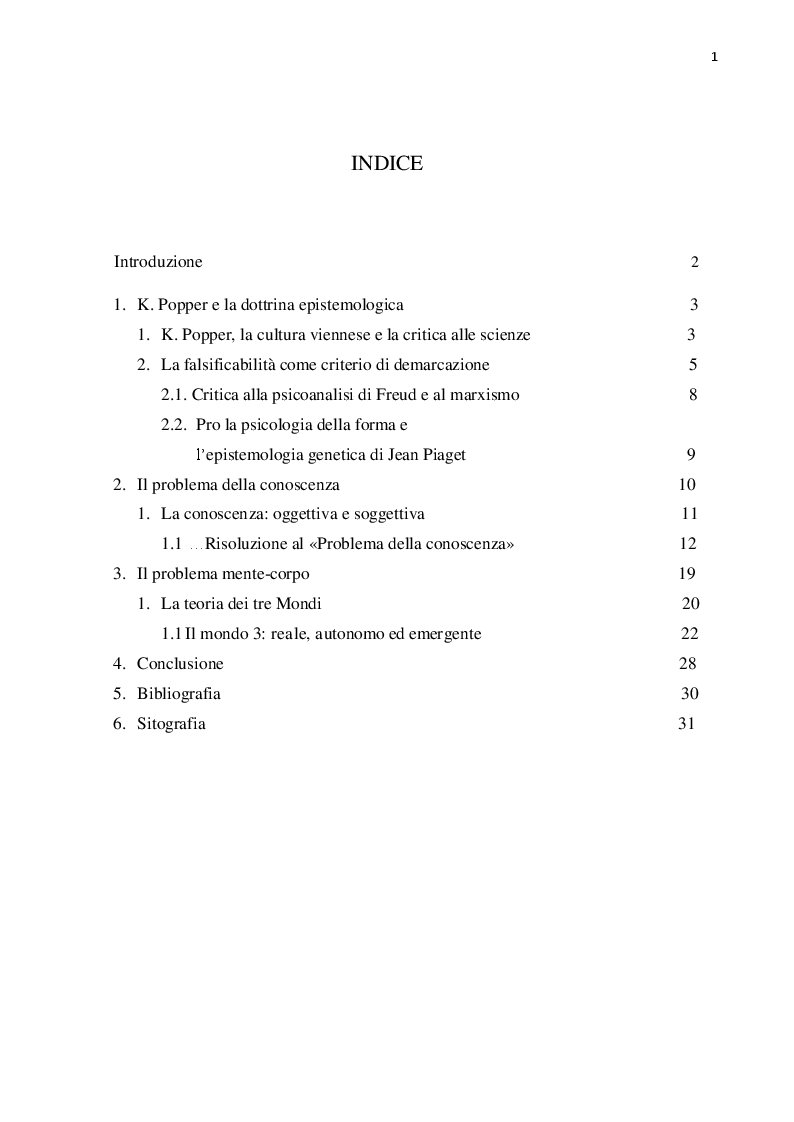 Indice della tesi: La conoscenza e il problema mente-corpo in Karl Popper, Pagina 1