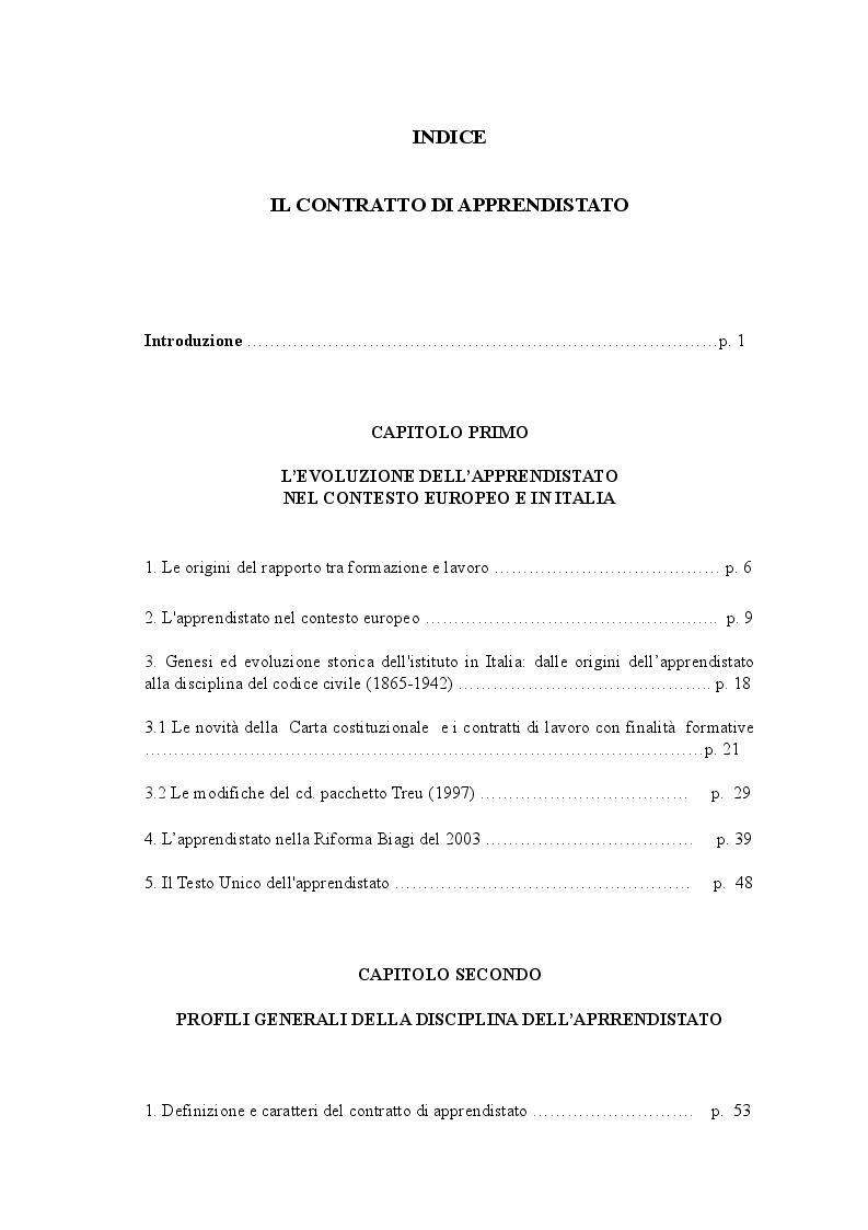 Indice della tesi: Il contratto di apprendistato, Pagina 1