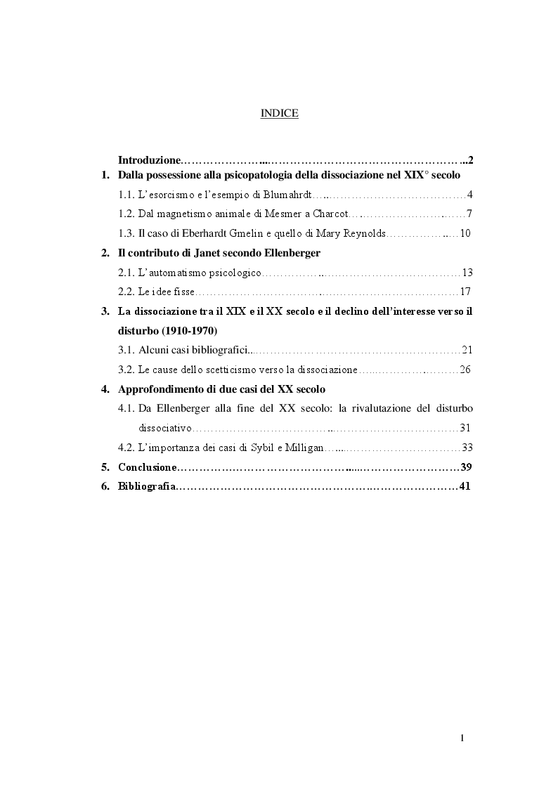 Indice della tesi: Il Disturbo Dissociativo dell'Identità Secondo Ellenberger e Casi Bibliografici, Pagina 1