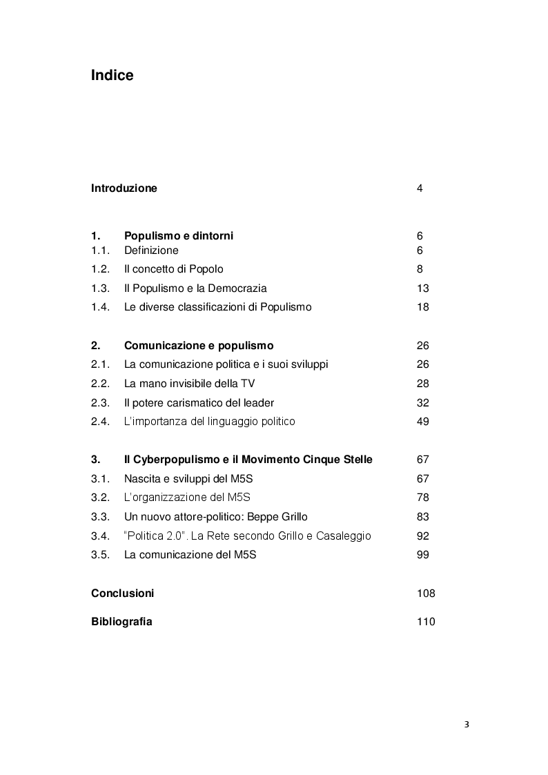 Indice della tesi: La sindrome del populismo. Il caso del Movimento Cinque Stelle, Pagina 1