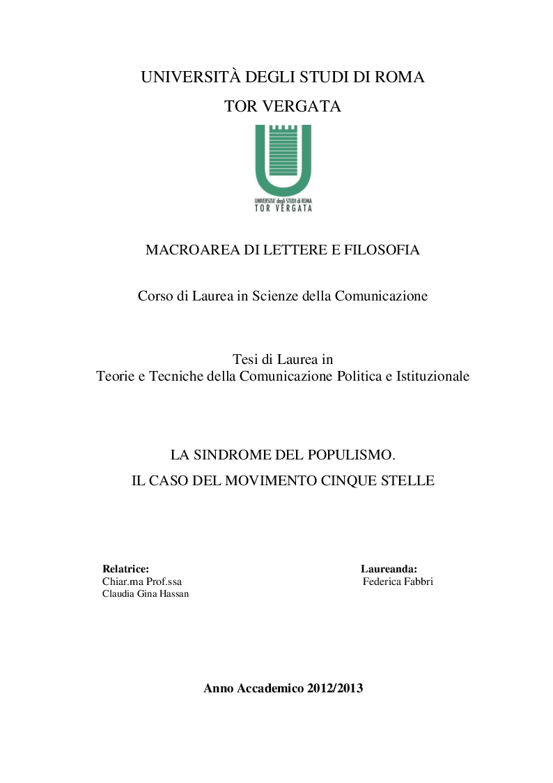 Anteprima della tesi: La sindrome del populismo. Il caso del Movimento Cinque Stelle, Pagina 1