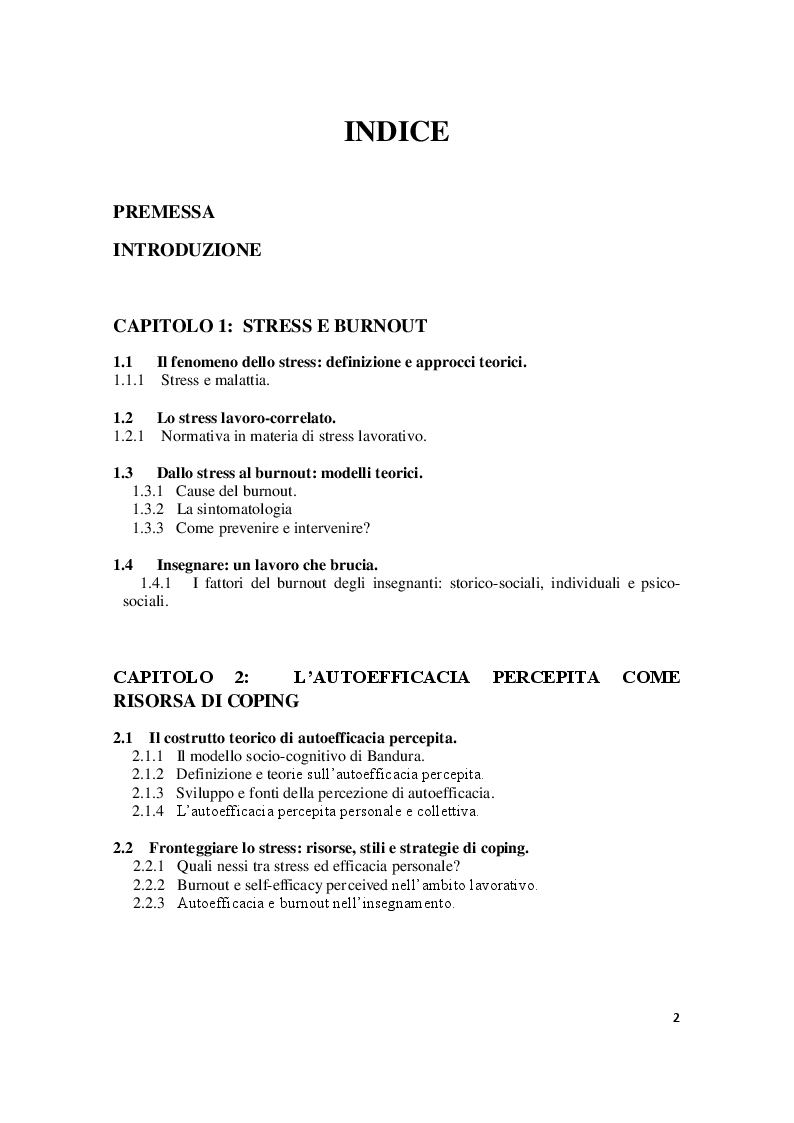 Indice della tesi: Stress, burnout e autoefficacia dell’insegnante di scuola primaria nella relazione educativo-didattica con gli allievi, Pagina 1