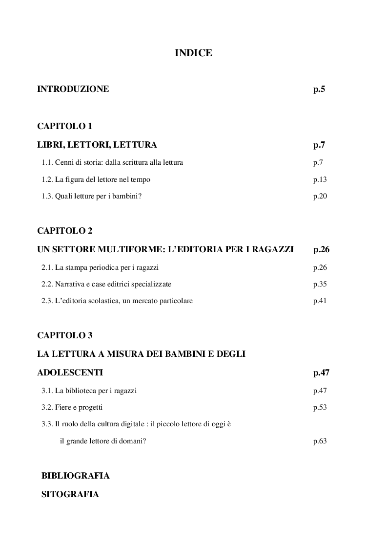 Indice della tesi: L'editoria per l'infanzia: un ruolo importante per la crescita culturale, Pagina 1