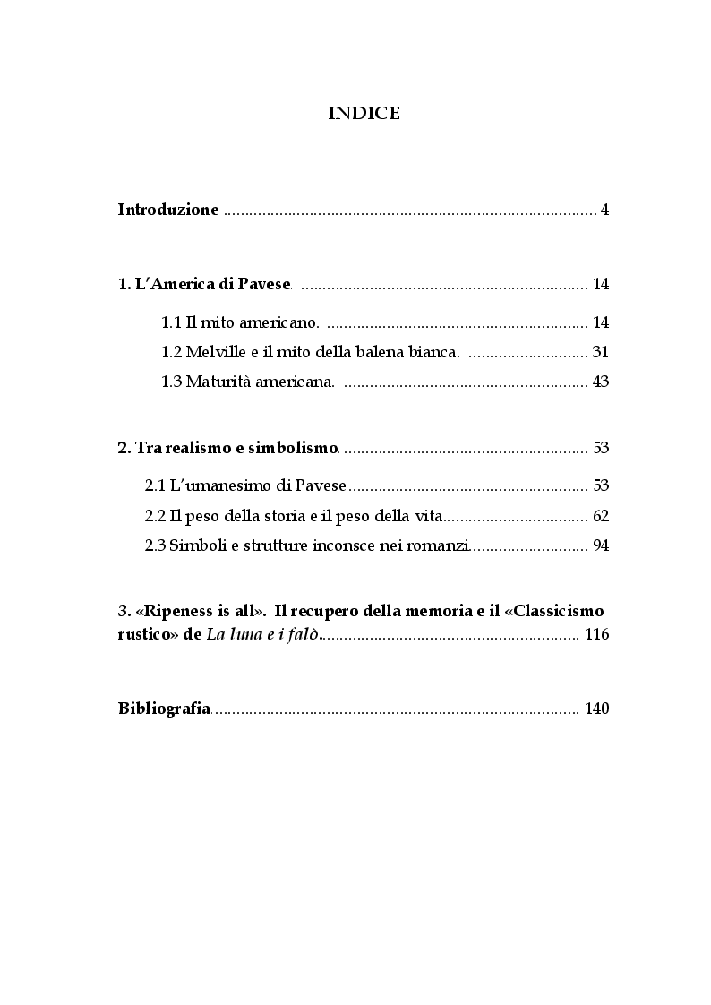 Indice della tesi: Storia e mito nei romanzi di Cesare Pavese, Pagina 1