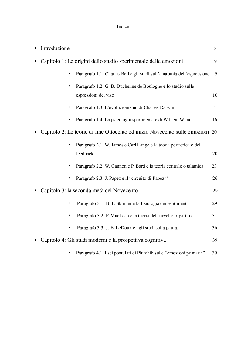 Indice della tesi: La Neuroscienza delle emozioni: Percorso storico dalle teorie classiche ad oggi, Pagina 1