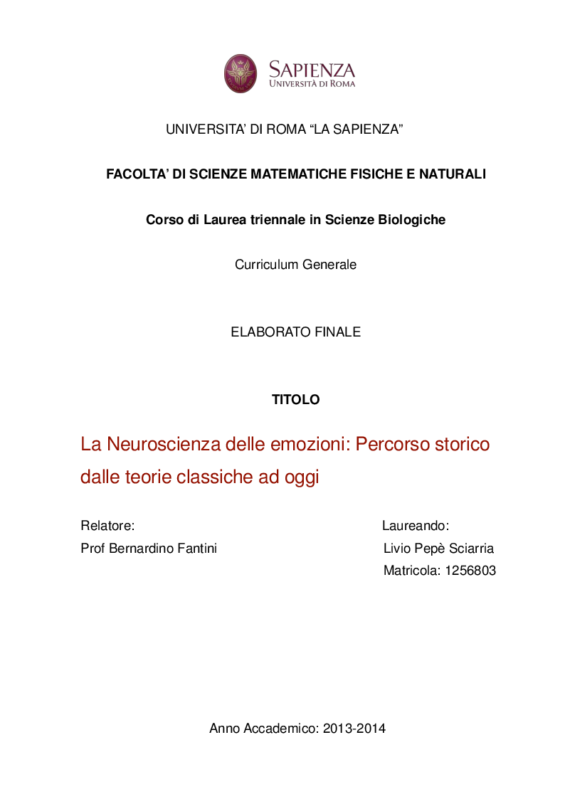 Anteprima della tesi: La Neuroscienza delle emozioni: Percorso storico dalle teorie classiche ad oggi, Pagina 1