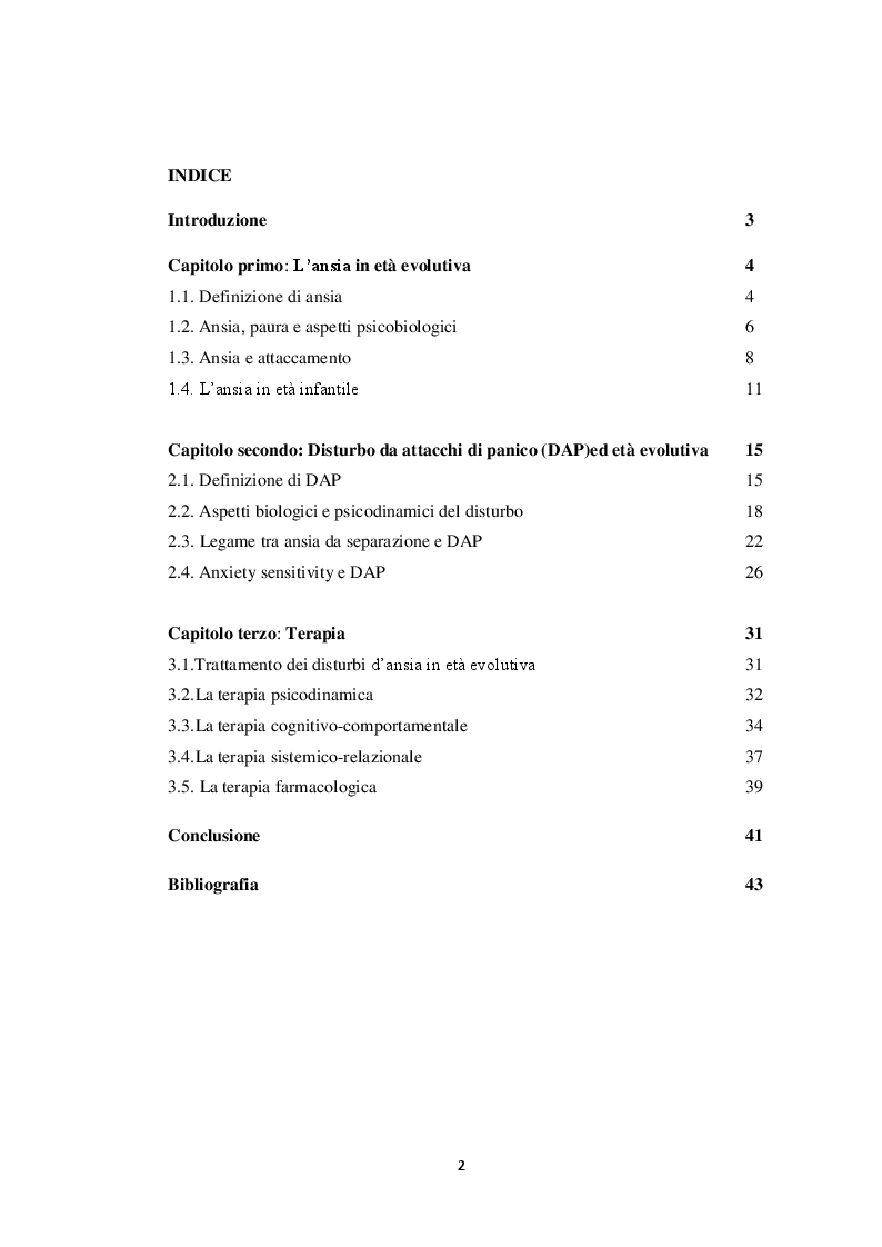 Indice della tesi: Ansia e attacchi di panico in età evolutiva, Pagina 1