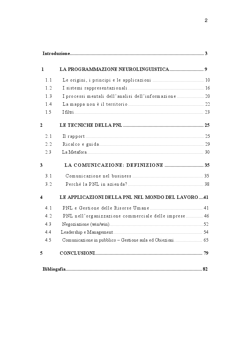 Indice della tesi: Business e Programmazione Neuro Linguistica, Pagina 1