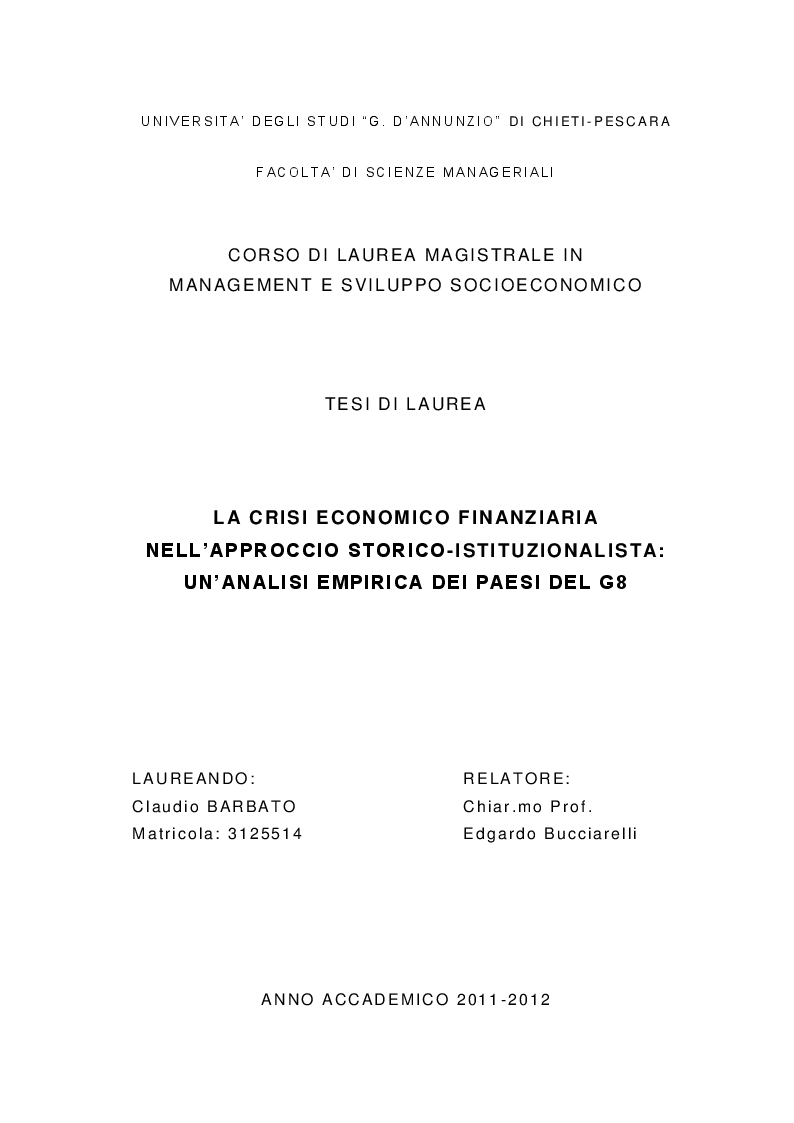 Anteprima della tesi: La crisi economico finanziaria nell'approccio storico istituzionalista: Un'analisi empirica dei paesi del G8, Pagina 1