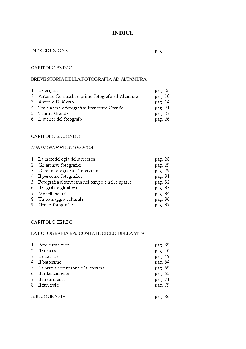 Indice della tesi: Fotografia e Ciclo della vita. Un'indagine ad Altamura, Pagina 1