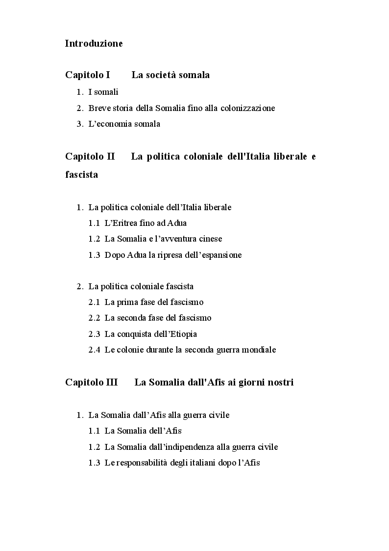 Indice della tesi: La Somalia: da colonia italiana a Stato indipendente (1885-2012), Pagina 1