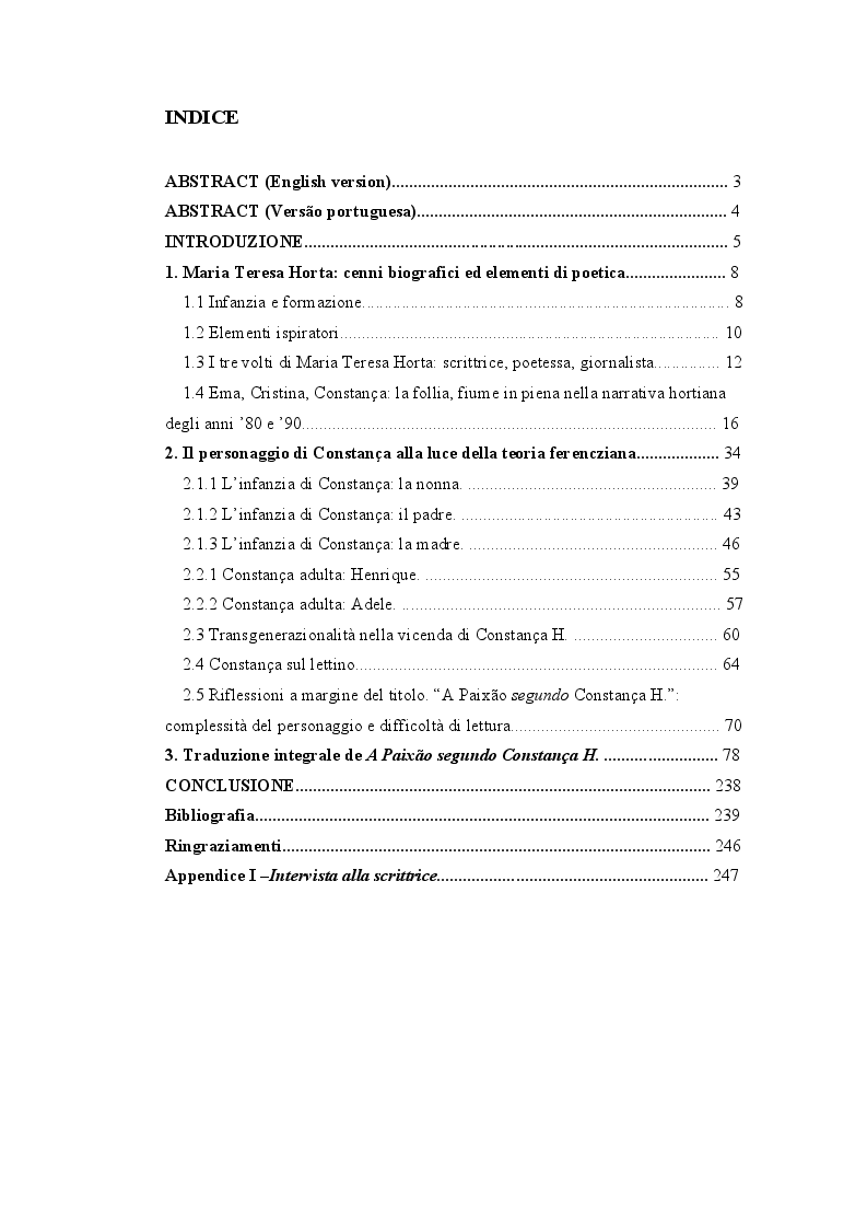 Indice della tesi: A pulsao mais negra - una proposta di traduzione e di indagine ferencziana del romanzo ''A Paixao segundo Constança H.'' di Maria Teresa Horta, Pagina 1