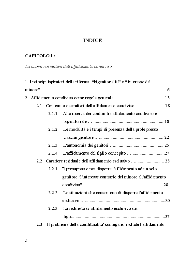 Indice della tesi: L'affidamento condiviso dei figli, Pagina 1