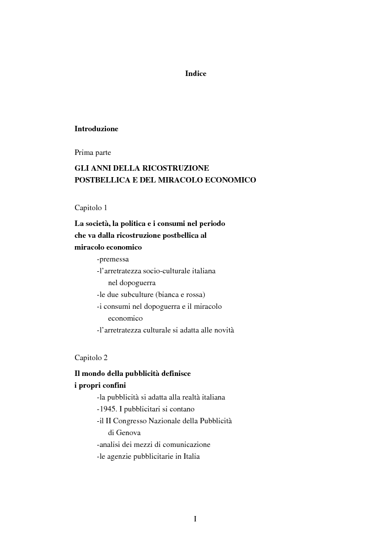 Indice della tesi: Società, cultura e pubblicità in Italia dal secondo dopoguerra ad oggi, Pagina 1