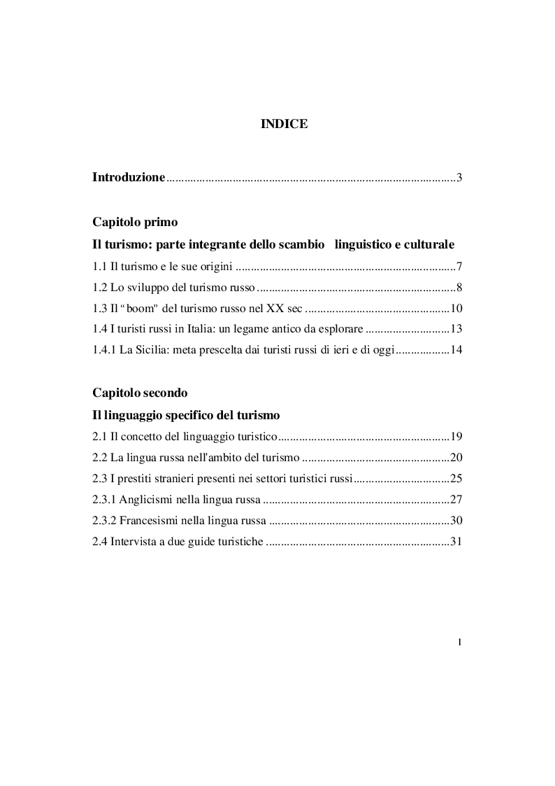 Indice della tesi: La lingua russa del turismo: analisi della rivista «Vojaž», Pagina 1