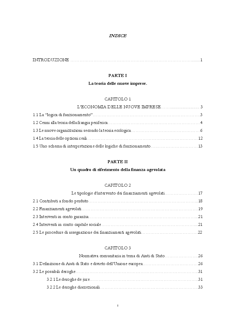 Indice della tesi: Gli strumenti della finanza agevolata per le PMI: un’analisi empirica nella Regione Calabria, Pagina 1