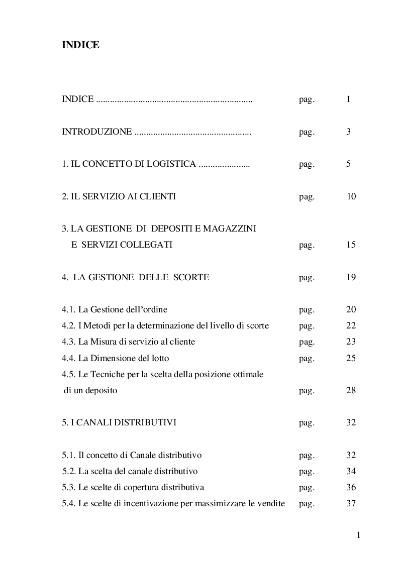 Indice della tesi: Valenze strategiche ed operative della logistica distributiva, Pagina 1