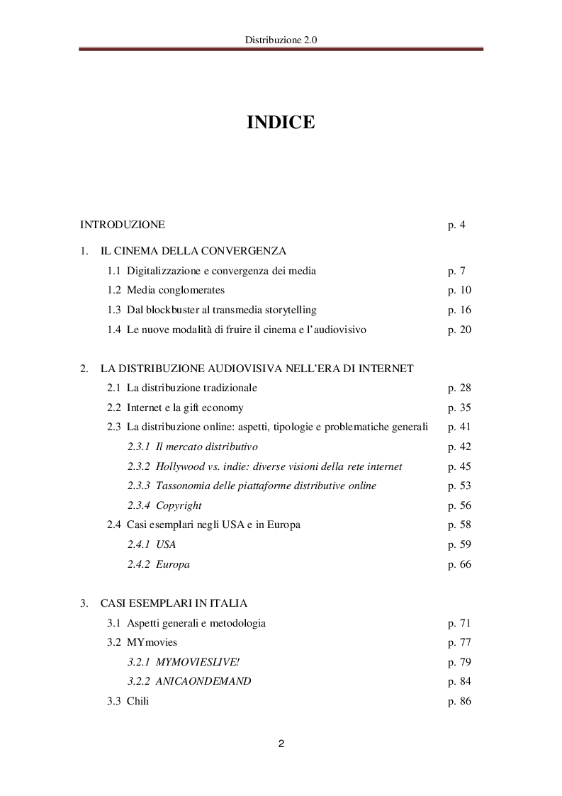 Indice della tesi: Distribuzione 2.0 - Le nuove frontiere della distribuzione audiovisiva online, Pagina 1