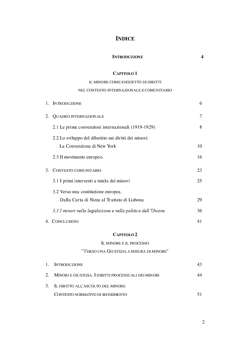 Indice della tesi: Il minore nel diritto internazionale e nel diritto dell'Unione Europea, Pagina 1