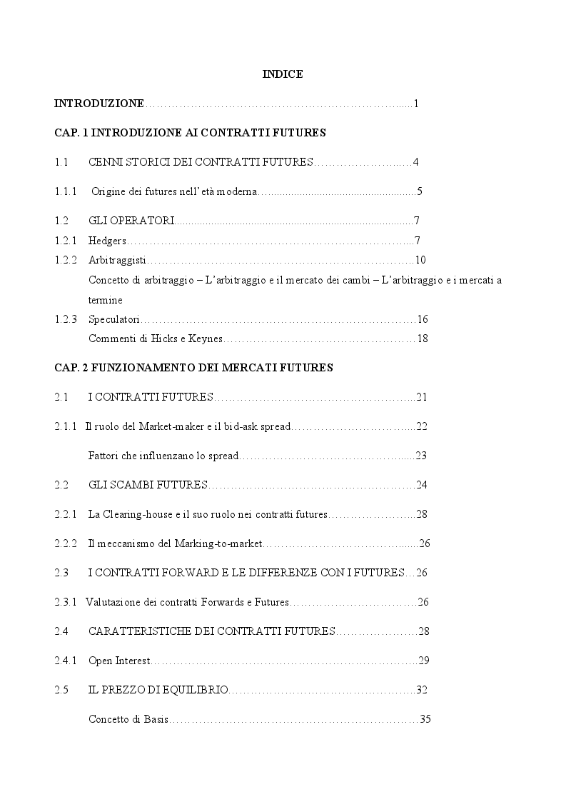 Indice della tesi: Gli strumenti derivati: i futures, Pagina 1