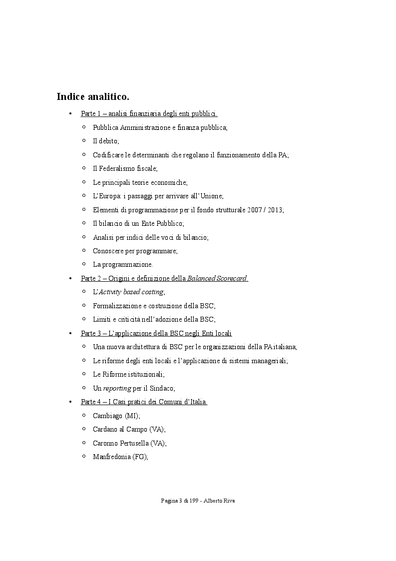 Indice della tesi: La Balanced Scorecard nella gestione degli Enti Locali alcuni casi a confronto., Pagina 1