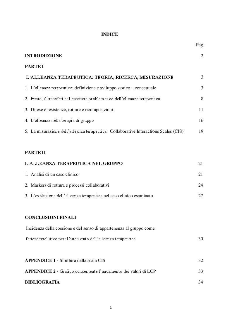 Indice della tesi: Teoria e Metodi per l'Indagine dell'Alleanza Terapeutica, Pagina 1