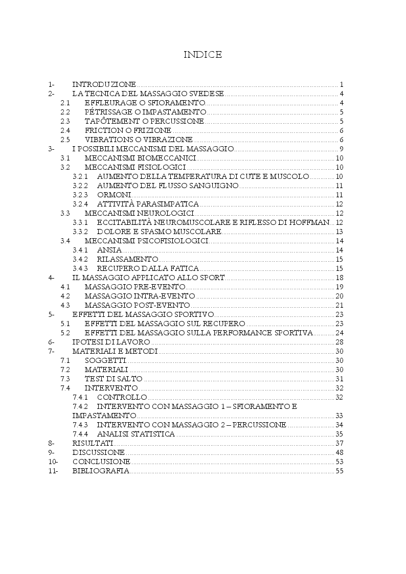 Indice della tesi: Effetti del Massaggio sulle Capacità di Forza, Pagina 1