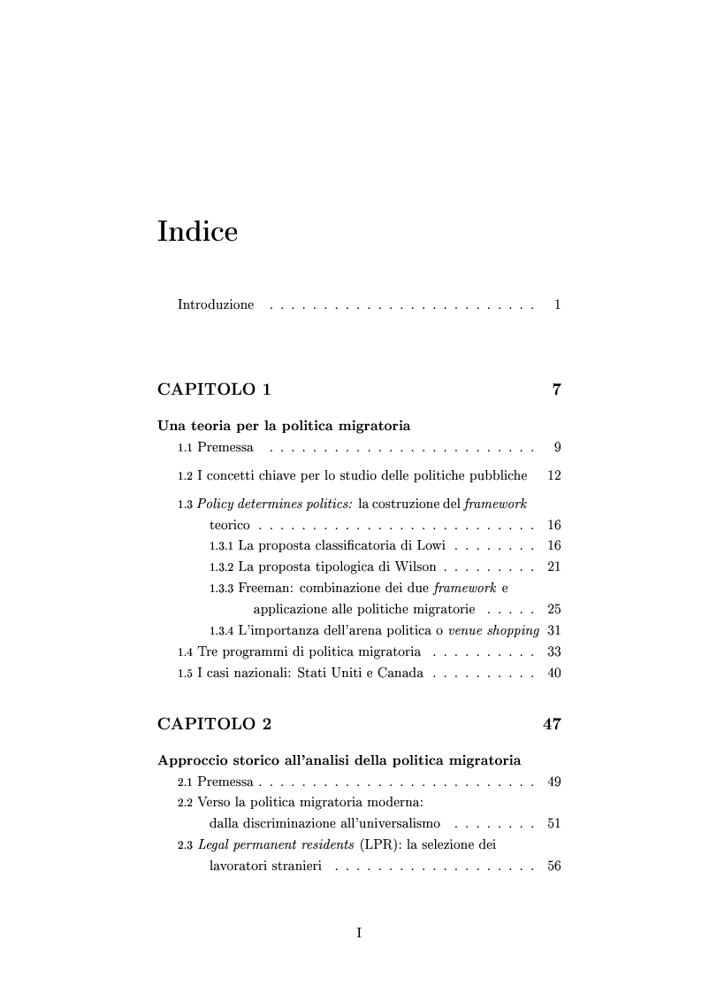 Indice della tesi: La scomposizione della politica migratoria: Stati Uniti e Canada in prospettiva comparata, Pagina 1