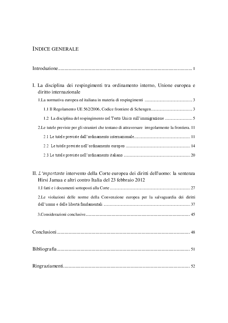 Indice della tesi: Sull'illegittimità della pratica dei respingimenti in alto mare operati dal Governo italiano: l'intervento della Corte europea dei diritti dell'uomo, Pagina 1