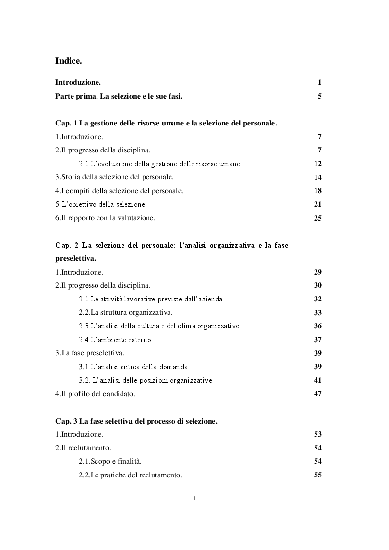 Indice della tesi: Tecniche di selezione del personale nelle cooperative sociali di Bologna, Ferrara e Modena: un'indagine esplorativa, Pagina 1