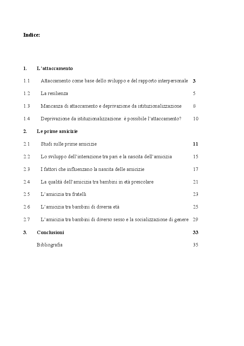 Indice della tesi: L'amicizia nei primi anni di vita, Pagina 1