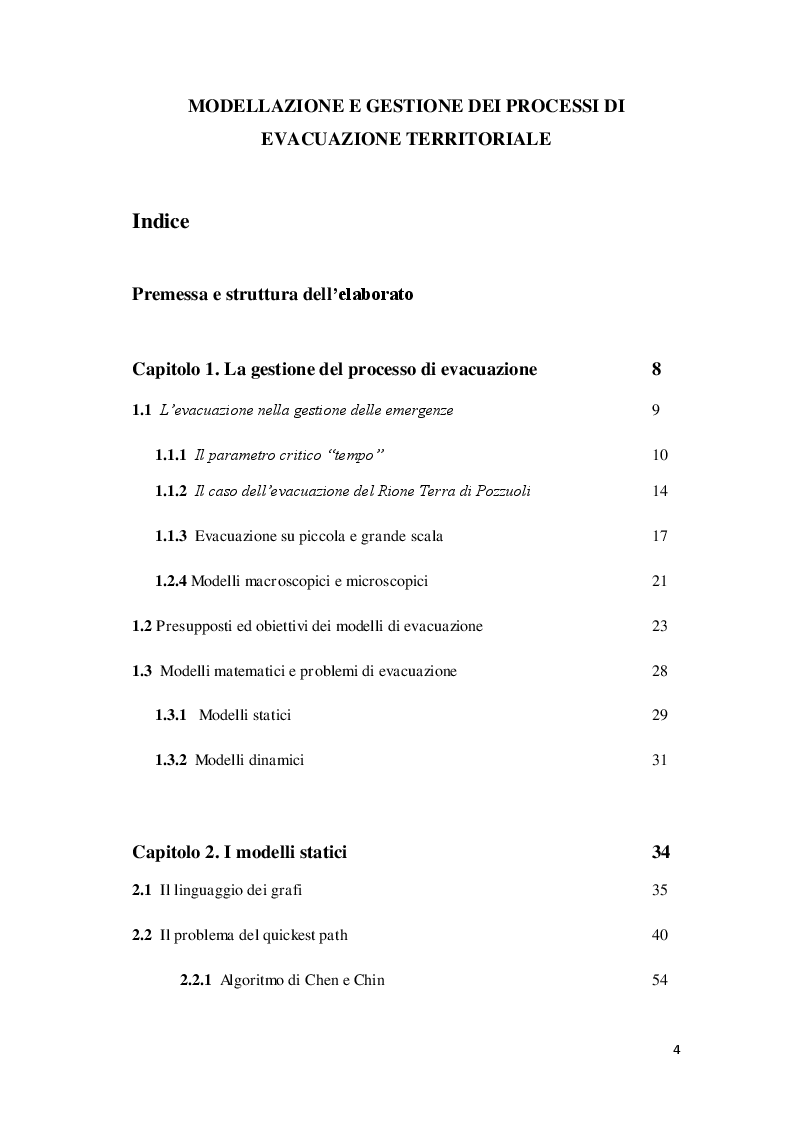 Indice della tesi: Modellazione e Gestione dei Processi di Evacuazione Territoriale, Pagina 1