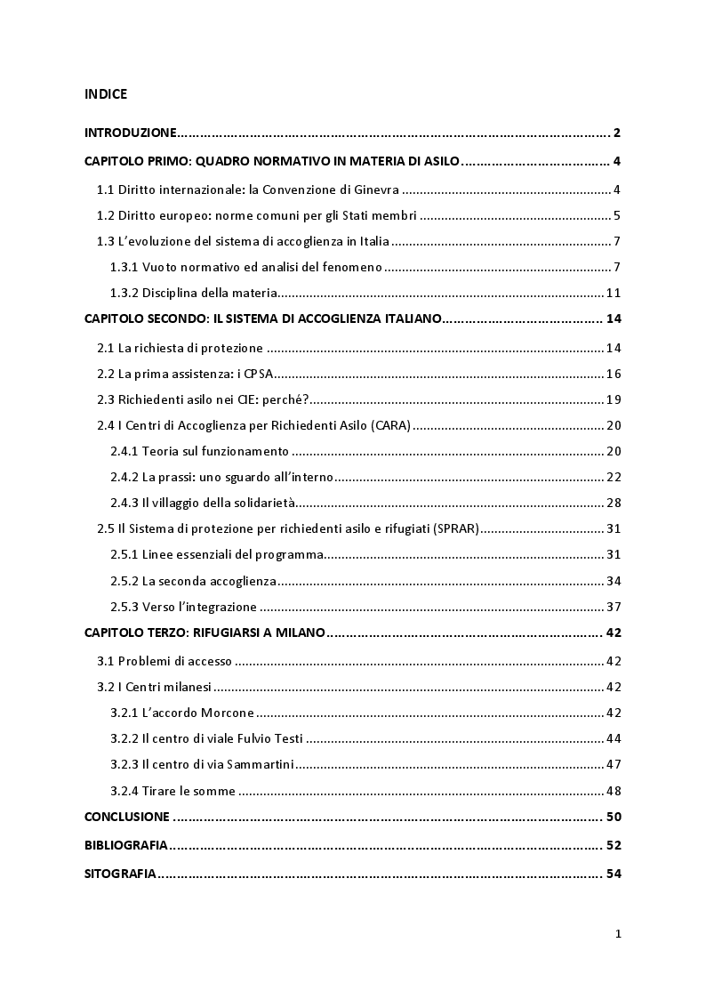 Indice della tesi: L'accoglienza dei richiedenti asilo in Italia, tra norme e prassi, Pagina 1