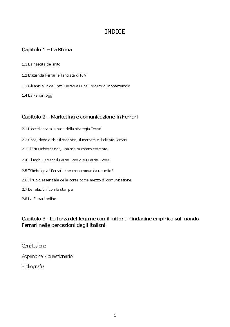 Indice della tesi: Come si costruisce un mito. Marketing e comunicazione in Ferrari, Pagina 1