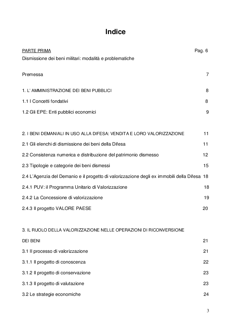Indice della tesi: Dismissione e valorizzazione delle aree demaniali ex-difesa: la Cittadella di Alessandria, Pagina 1
