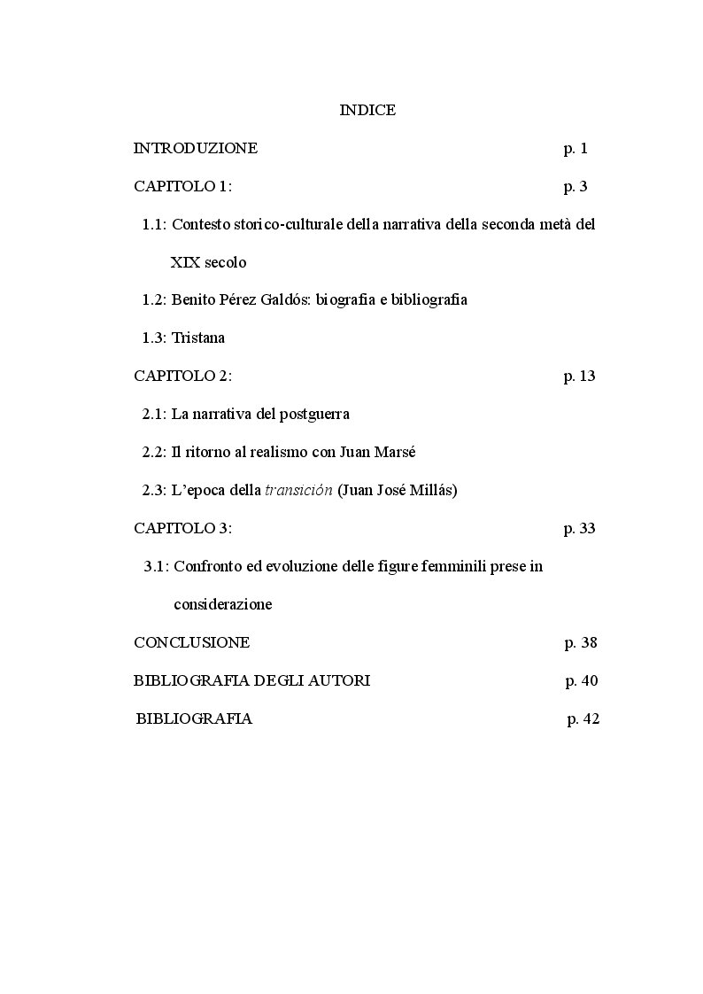 Indice della tesi: L'evoluzione femminile attraverso i personaggi di Benito Pérez Galdos, Juan Marsè e Juan José Millas, Pagina 1