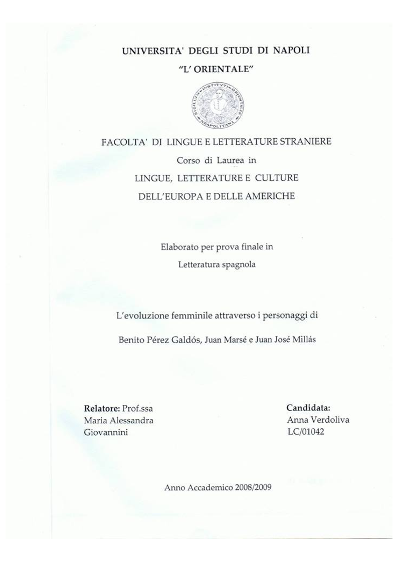 Anteprima della tesi: L'evoluzione femminile attraverso i personaggi di Benito Pérez Galdos, Juan Marsè e Juan José Millas, Pagina 1