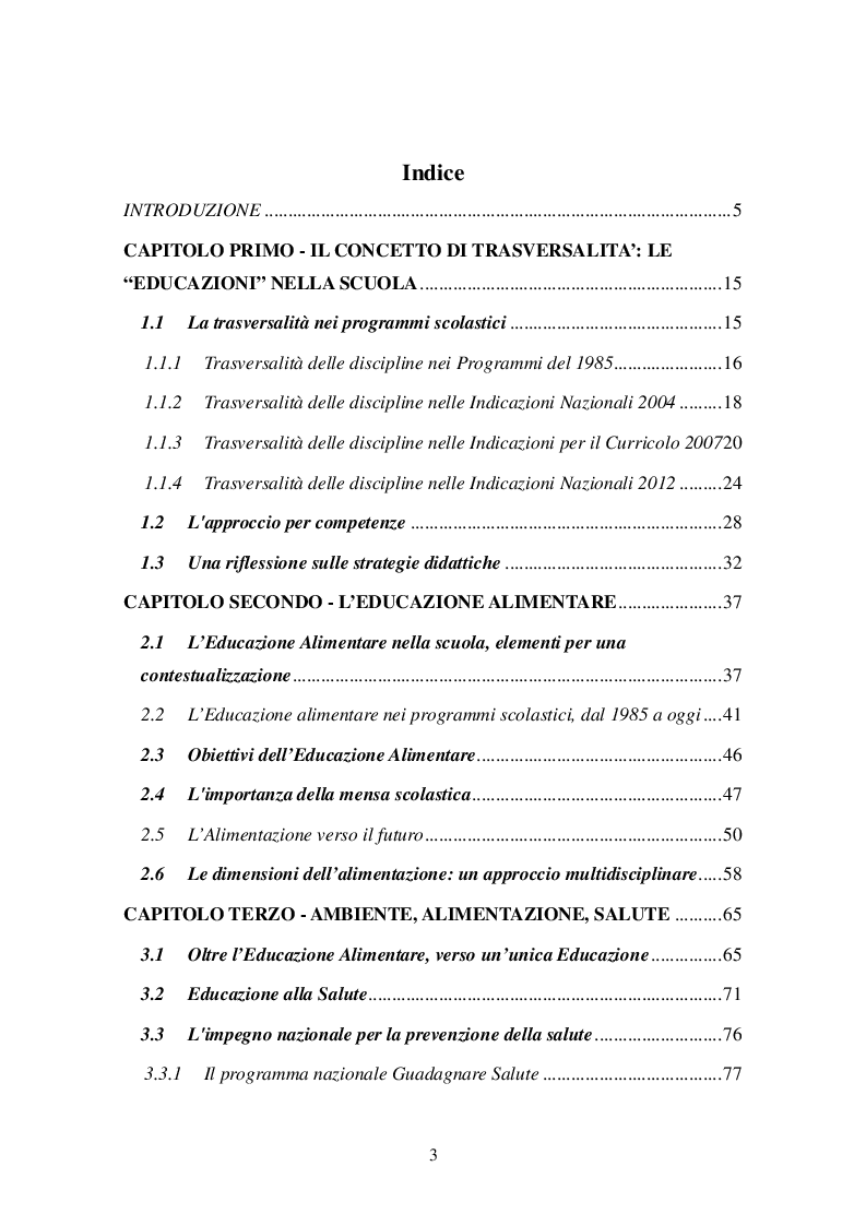 Indice della tesi: Educazione Ambientale, alla Salute e Alimentare: un'integrazione possibile, Pagina 1