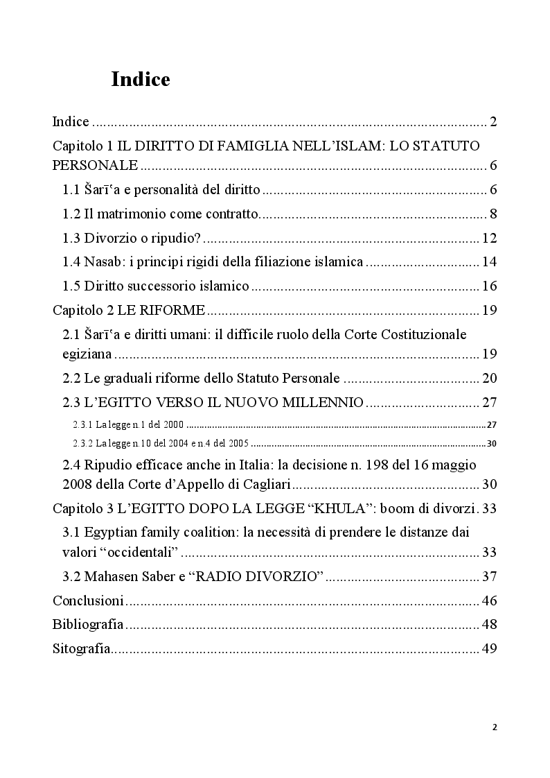 Indice della tesi: Il diritto di famiglia nell'esperienza giuridica egiziana, Pagina 1
